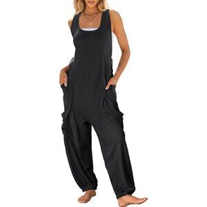 Women Black Overall Jumpsuit Loose Casual Dressy Sleeveless Baggy Harem Romper
